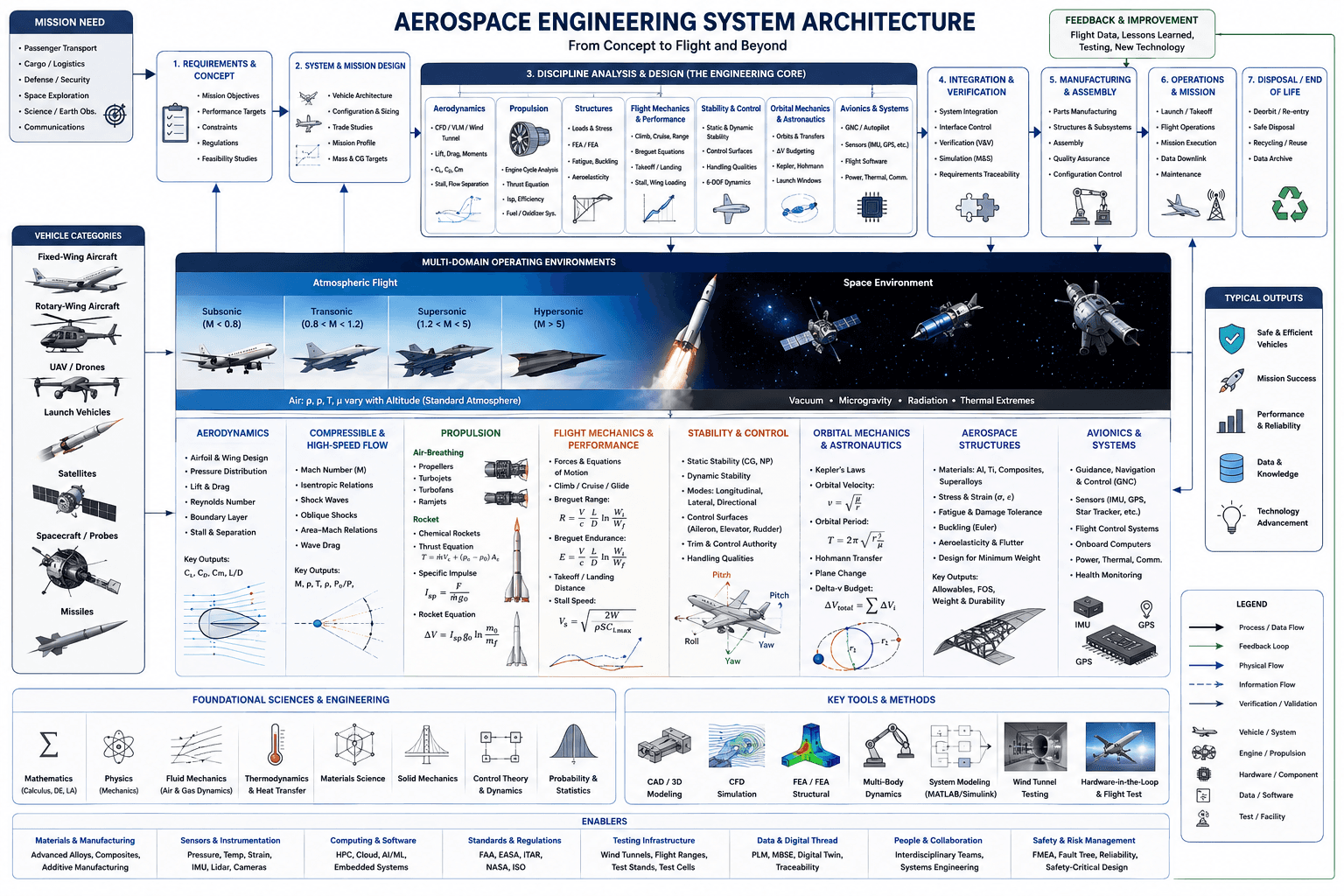 Aerospace engineering system architecture — from concept to flight, vehicle categories, flight regimes, and the 8 core engineering disciplines