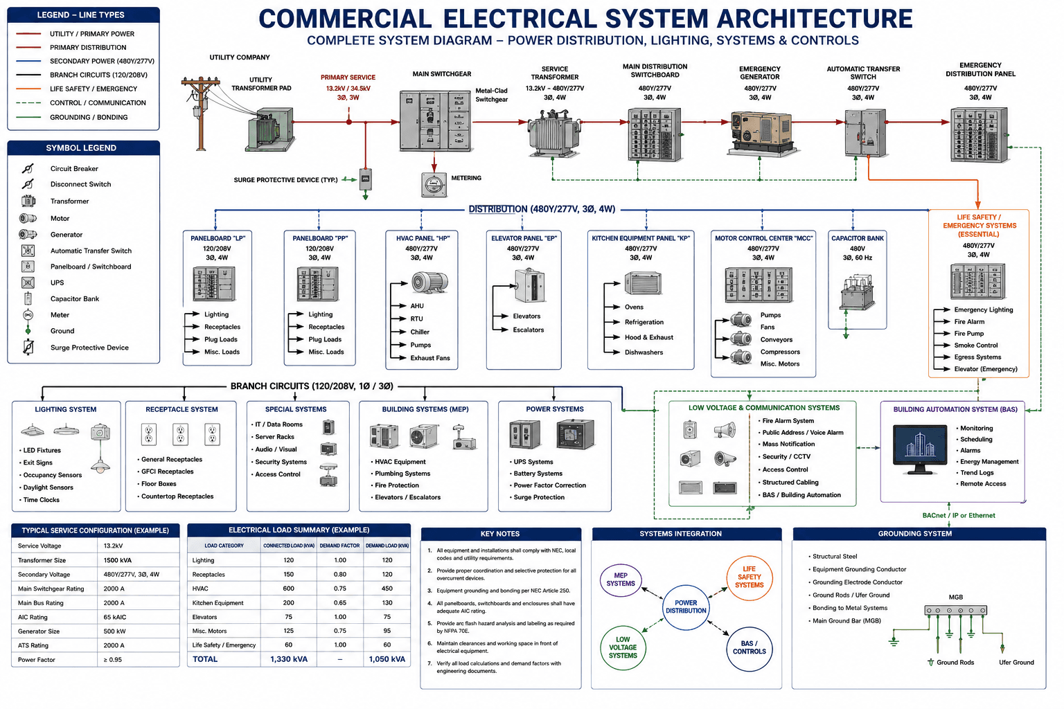 Commercial electrical system architecture — power distribution, lighting, systems and controls