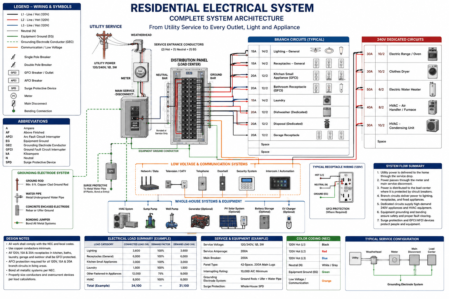 Residential electrical system architecture — utility service to every outlet, light, and appliance