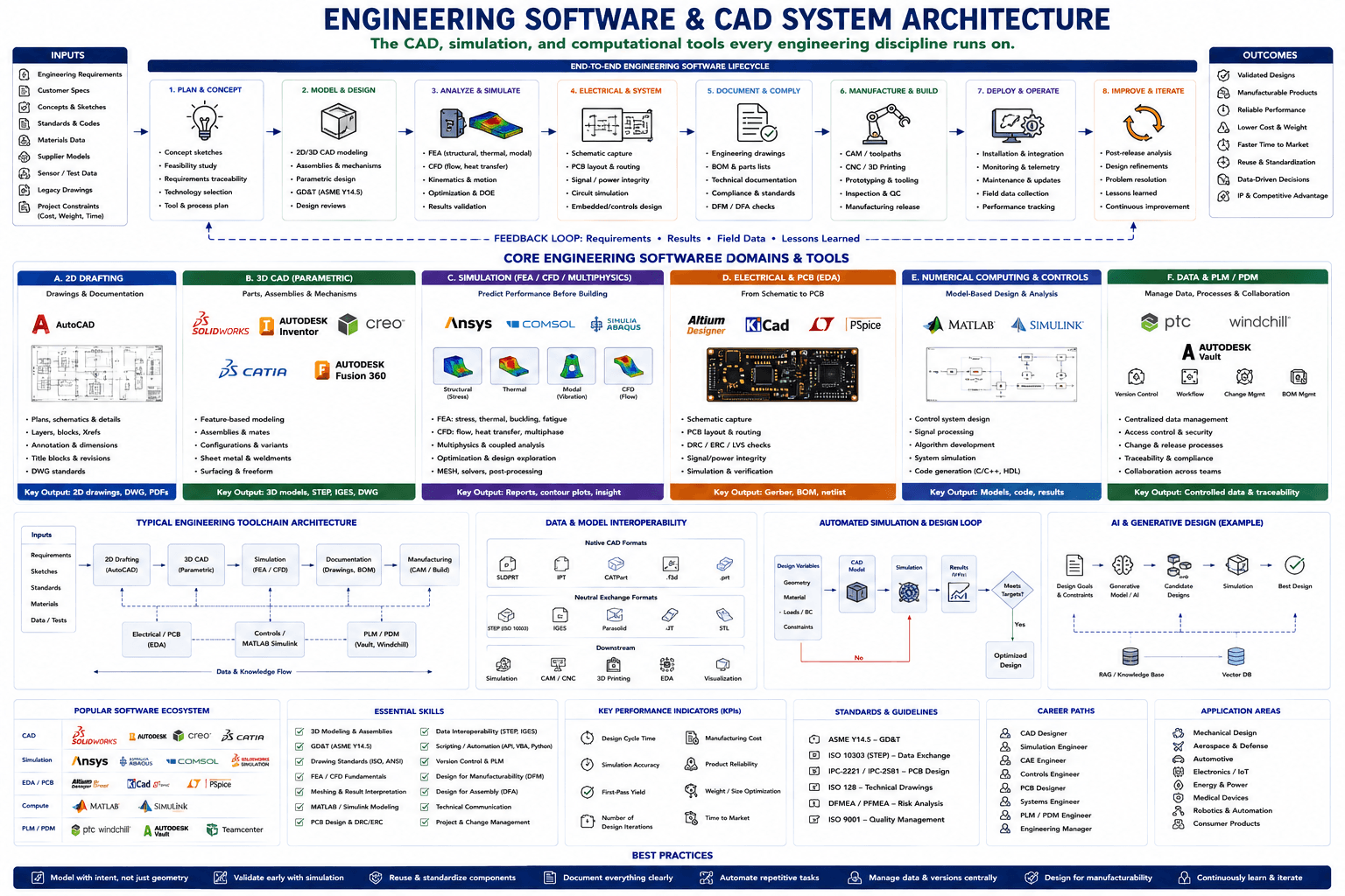 Engineering software and CAD system architecture — from the 8-step end-to-end engineering software lifecycle through the six core domains (2D drafting, 3D CAD parametric, simulation FEA/CFD/multiphysics, electrical & PCB EDA, numerical computing & controls, data & PLM/PDM), a typical engineering toolchain architecture, and a data & model interoperability reference to an automated simulation & design loop and AI/generative-design example, popular software ecosystem, KPIs, skills, standards & guidelines, career paths, and application areas