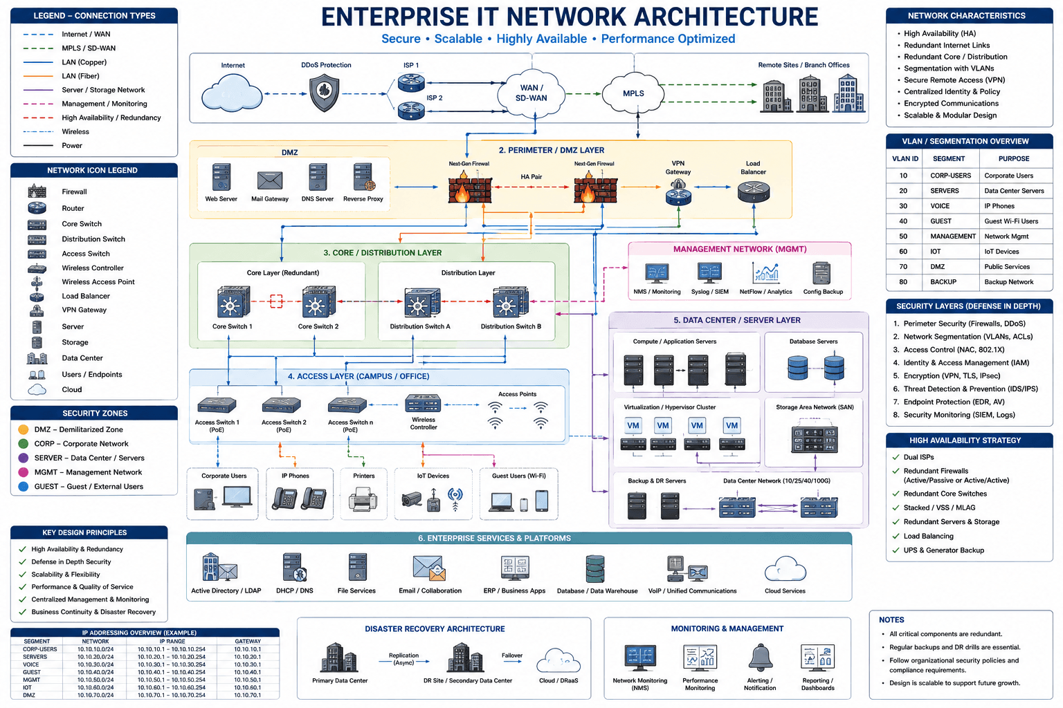 Enterprise IT network architecture — three-tier campus, DMZ, data center, and services diagram