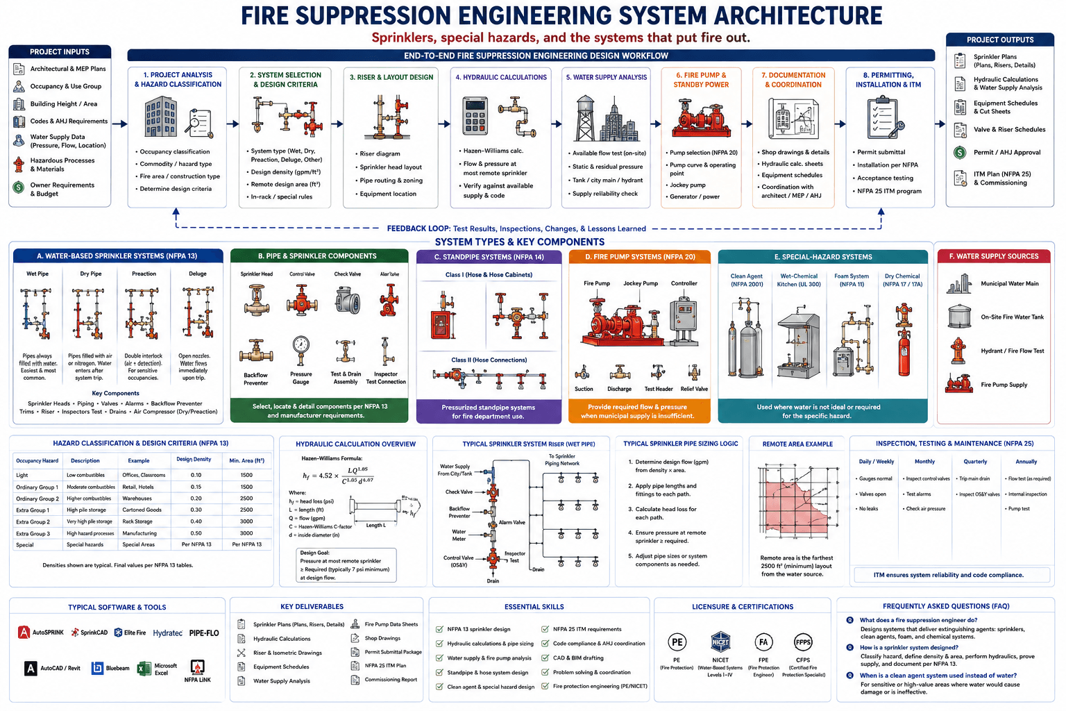 Fire suppression engineering system architecture — the end-to-end design workflow, sprinkler, standpipe, fire pump, and special-hazard systems