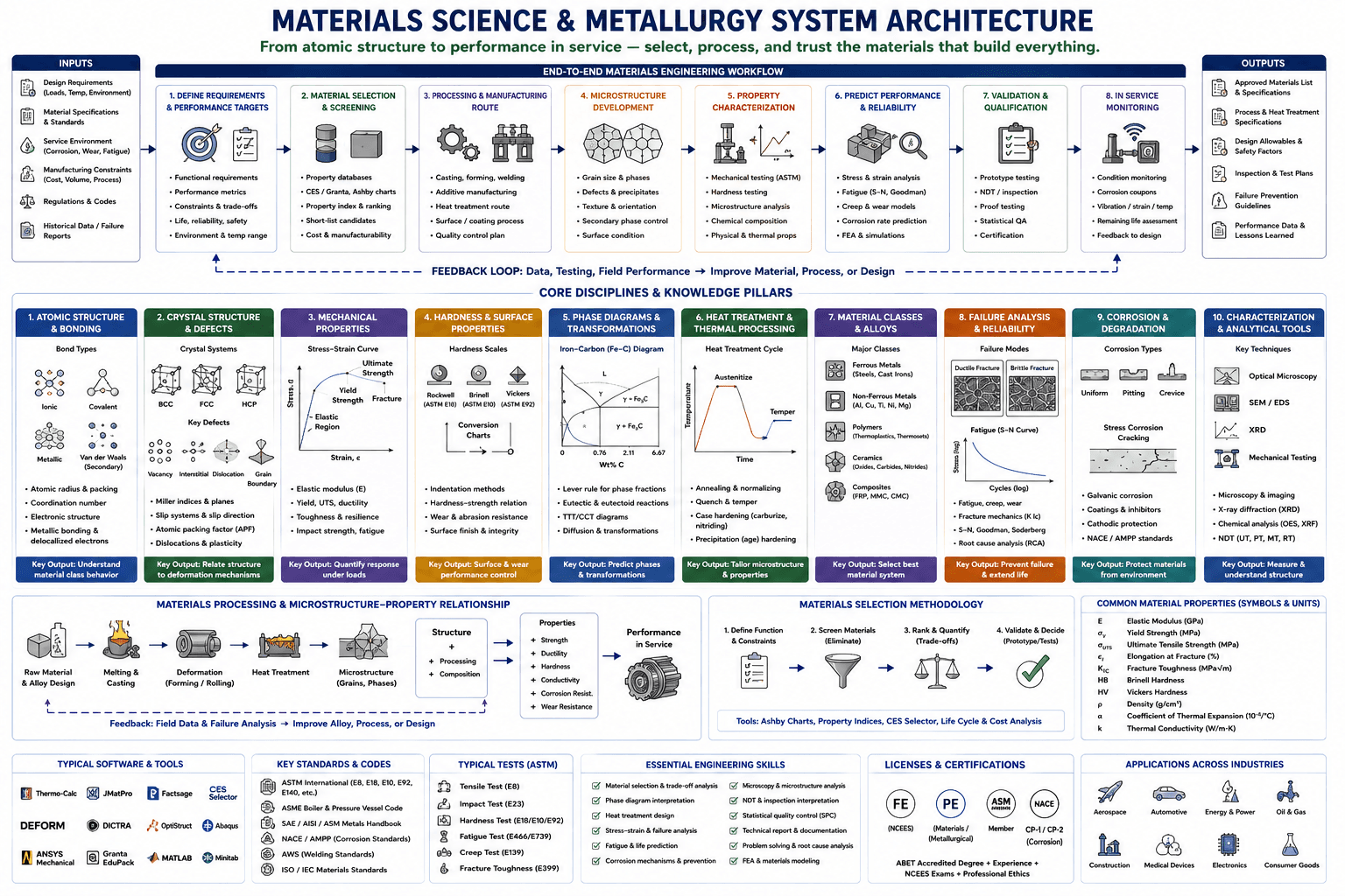 Materials science & metallurgy system architecture — from atomic structure and core disciplines through the materials engineering workflow, processing & microstructure-property relationship, and materials selection methodology to standards, tests, and applications