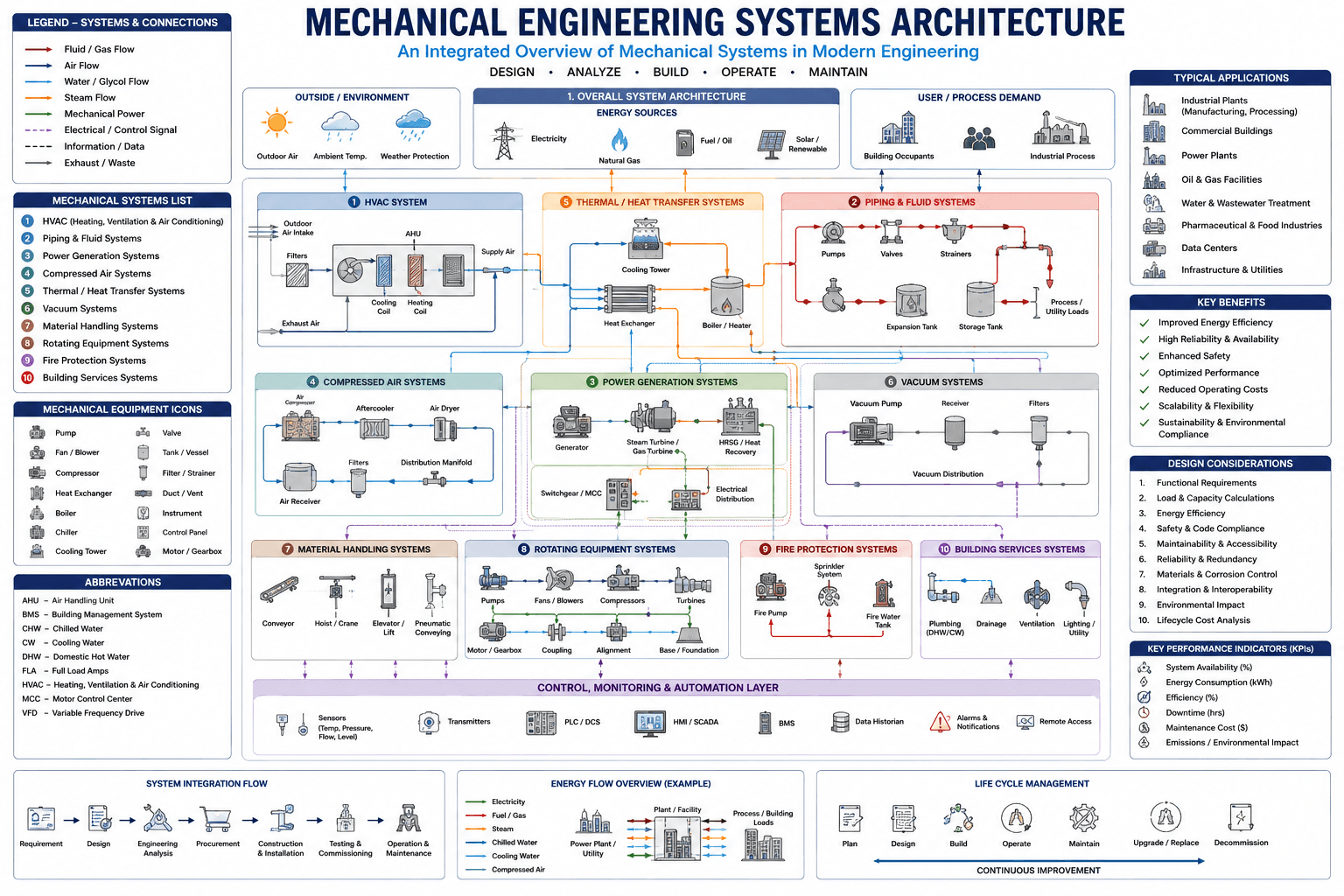 Mechanical engineering systems architecture — HVAC, piping, thermal, power, rotating equipment, and building services diagram