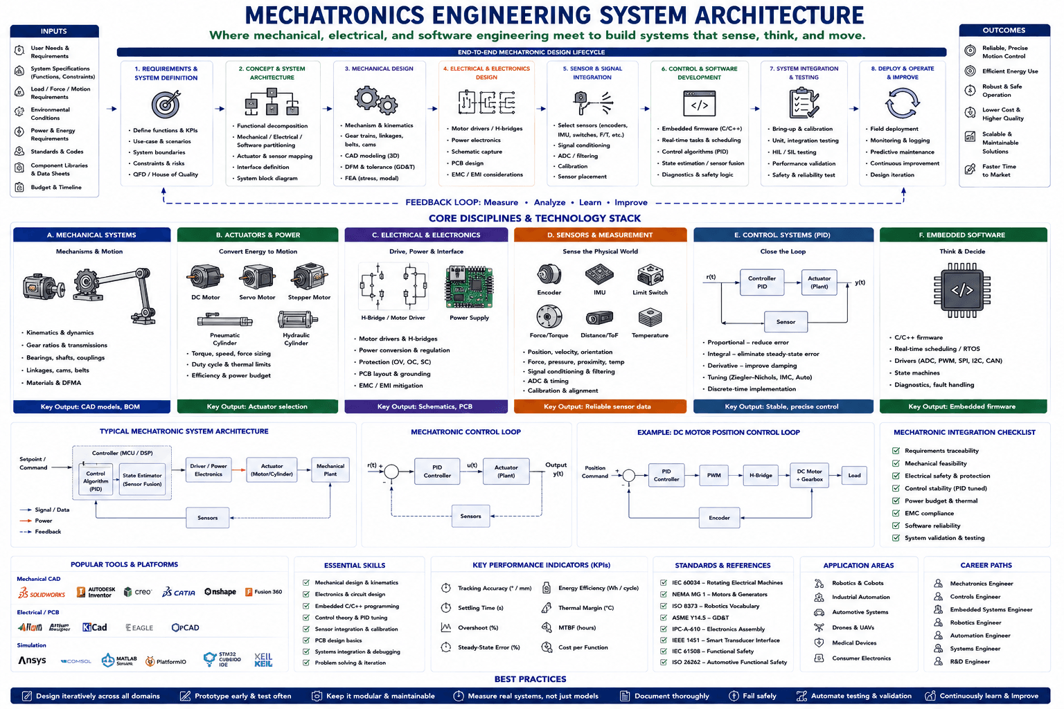 Mechatronics engineering system architecture — from the 8-step end-to-end mechatronic design lifecycle through the 6 core disciplines (mechanical systems, actuators & power, electrical & electronics, sensors & measurement, control systems PID, and embedded software), to a typical mechatronic system architecture, the mechatronic control loop, a worked DC motor position control loop example, the mechatronic integration checklist, popular tools & platforms, KPIs, skills, standards & references, career paths, and application areas