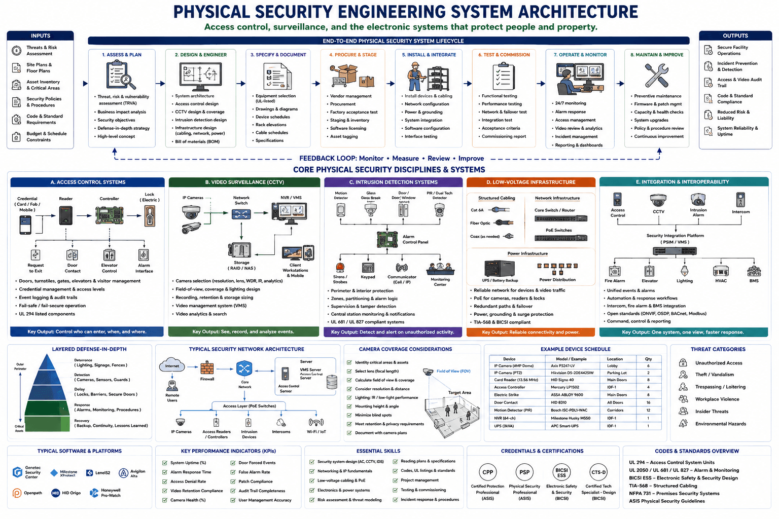 Physical security engineering system architecture — from the 8-step end-to-end lifecycle through the five core disciplines (access control, video surveillance, intrusion detection, low-voltage infrastructure, integration & interoperability), the layered defense-in-depth model, and a typical security network architecture to threat categories, standards, and applications