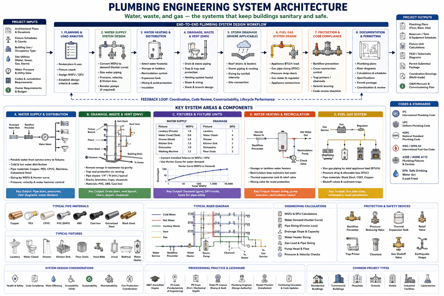 Plumbing engineering system architecture — the end-to-end design workflow and key system areas spanning water supply, drainage/waste/vent, water heating, and fuel gas systems