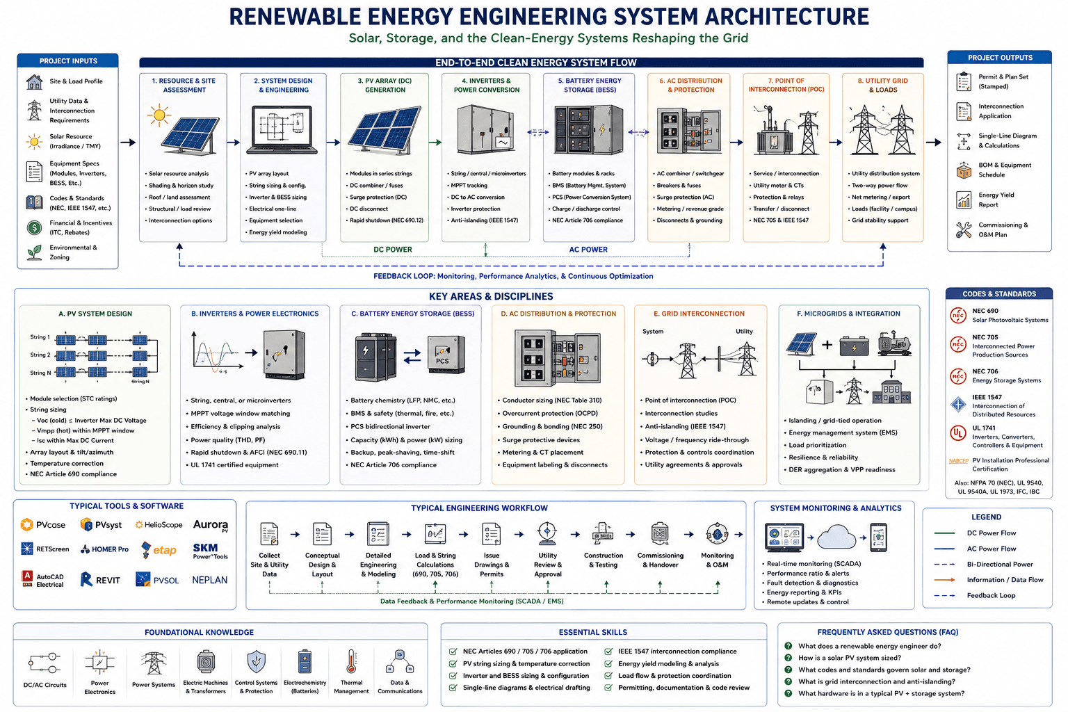 Renewable energy engineering system architecture — from resource assessment through solar PV, battery storage, and AC distribution to utility interconnection