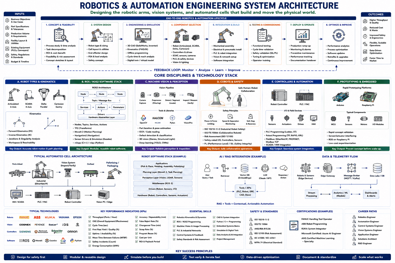 Robotics and automation engineering system architecture — from the 8-step end-to-end robotics & automation lifecycle through the six core disciplines (robot types & kinematics, ROS/ROS2 software stack, machine vision & perception, cobots & safety, controllers & automation, prototyping & embedded), a typical automated cell architecture, and a robot software stack example to an AI/RAG integration example and data & telemetry flow, typical technologies, KPIs, skills, safety & standards, certifications, and career paths