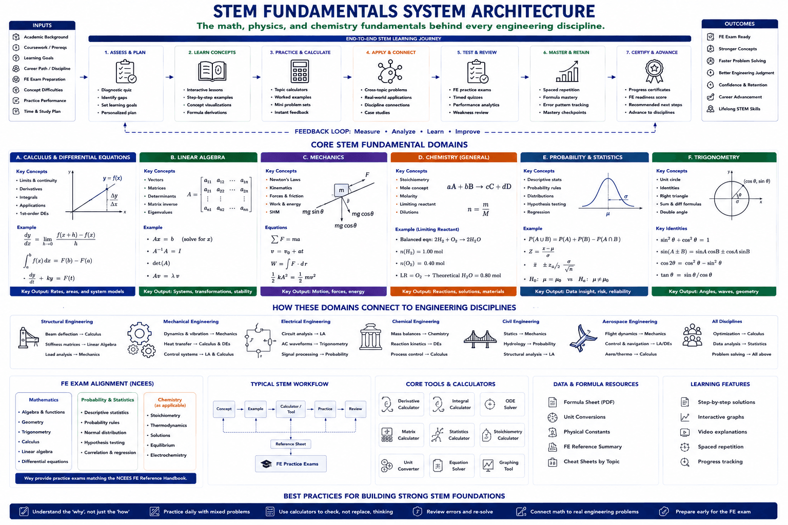 STEM fundamentals system architecture — from the 7-step end-to-end STEM learning journey through the 6 core fundamental domains (Calculus & Differential Equations, Linear Algebra, Mechanics, Chemistry, Probability & Statistics, and Trigonometry), to how those domains connect to structural, mechanical, electrical, chemical, civil, and aerospace engineering, FE Exam Alignment with the NCEES FE Reference Handbook, the typical STEM workflow, core tools & calculators, data & formula resources, learning features, and best practices