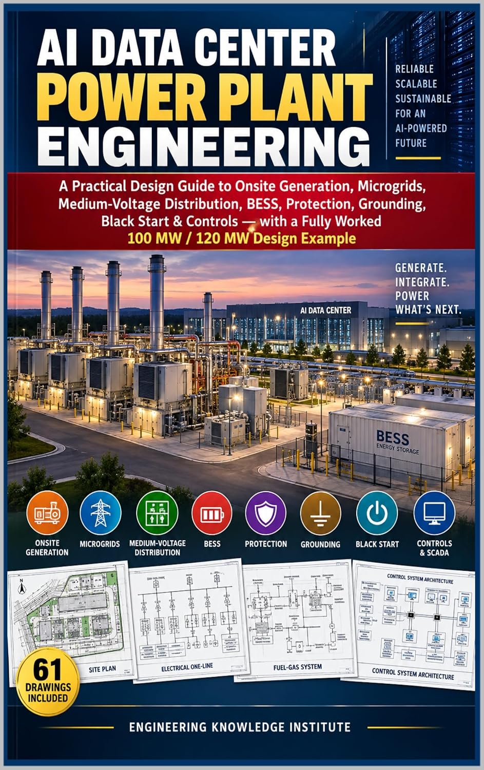AI Data Center Power Plant Engineering: A Practical Design Guide to Onsite Generation, Microgrids, Medium-Voltage Distribution, BESS, Protection, Grounding, Controls — 100 MW / 120 MW Design Example — book cover