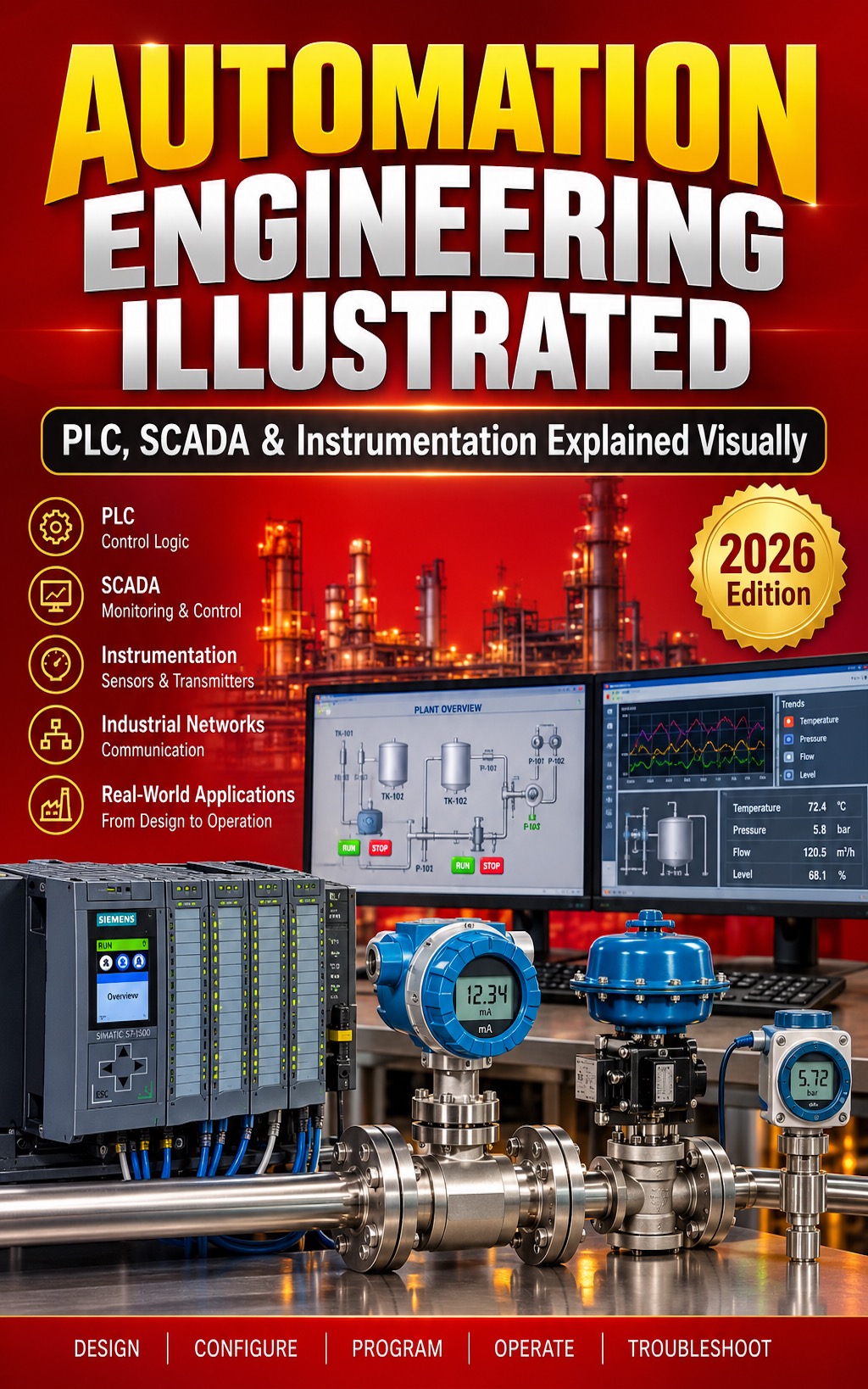 Automation Engineering Illustrated: PLC, SCADA & Instrumentation Explained Visually — book cover