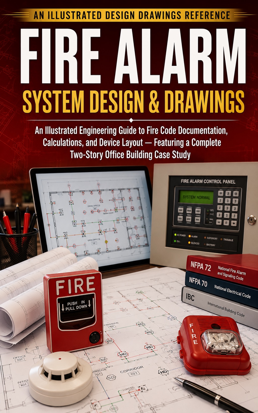 Fire Alarm System Design & Drawings: An Illustrated Engineering Guide to Fire Code Documentation, Calculations, and Device Layout — Featuring a Complete Two-Story Office Building Case Study — book cover