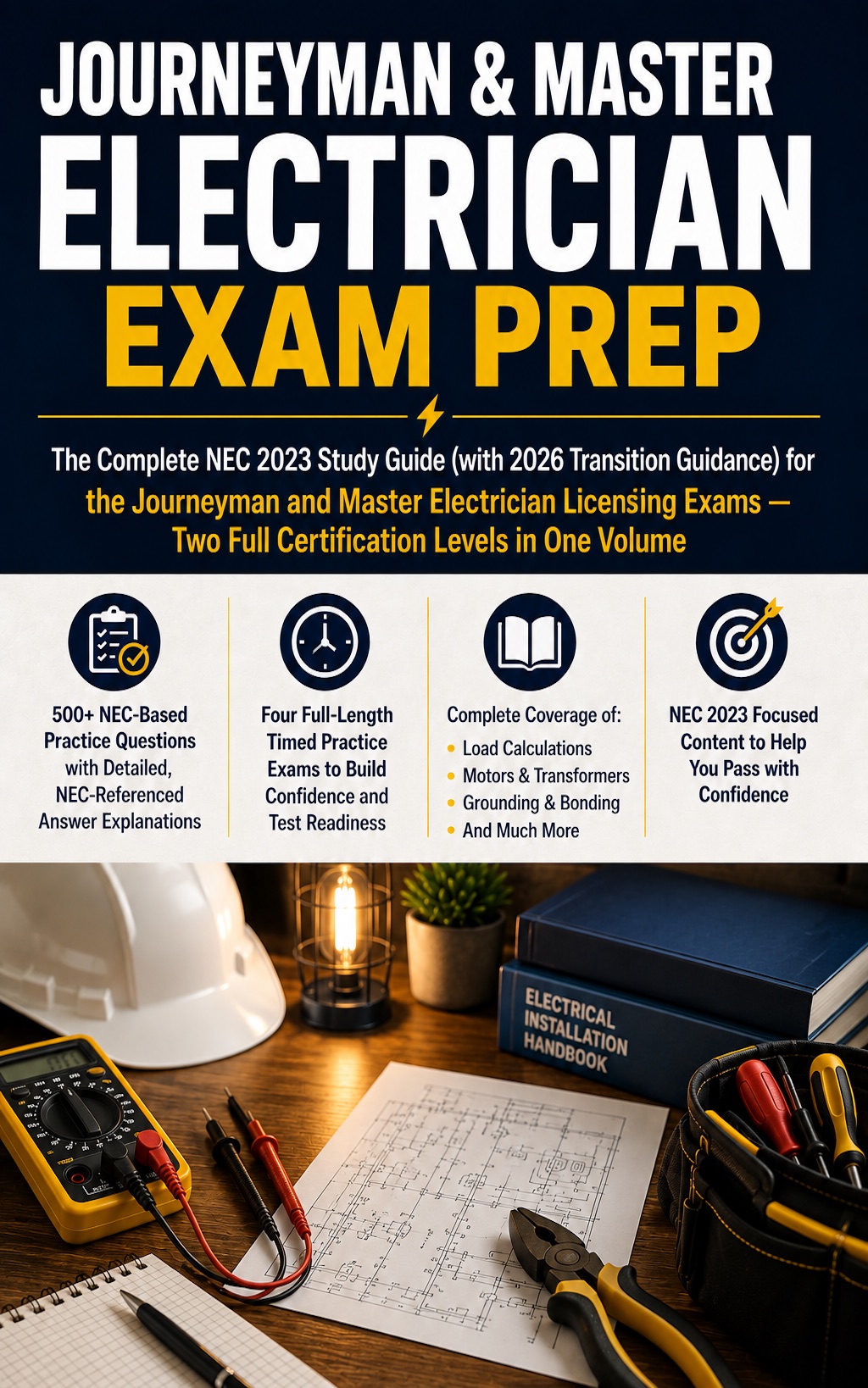 Journeyman & Master Electrician Exam Prep: The Complete NEC 2023 Study Guide (with 2026 Transition Guidance) for the Journeyman and Master Electrician Licensing Exams — book cover