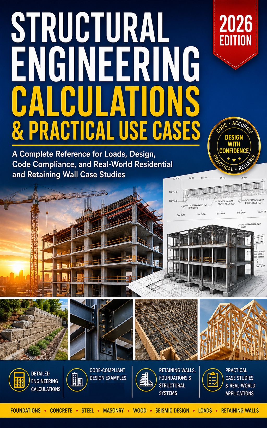 Structural Engineering Calculations & Practical Use Cases: A Complete Reference for Loads, Design, Code Compliance, and Real-World Residential and Retaining Wall Case Studies — book cover