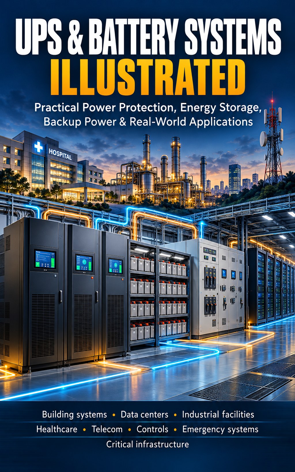 UPS & Battery Systems Illustrated: Practical Power Protection, Energy Storage, Backup Power & Real-World Applications: Building Systems Data Centers Healthcare Facilities Telecom Industrial Controls — book cover