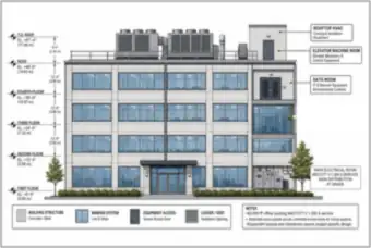 Four-Story Office Building Elevation: Electrical, Data and Elevator Rooms (thumbnail)