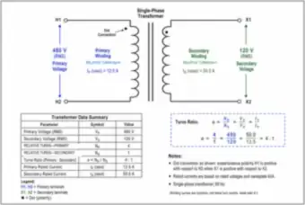 Single-Phase Transformer: 480 V to 120 V Turns Ratio and Dot Convention (thumbnail)
