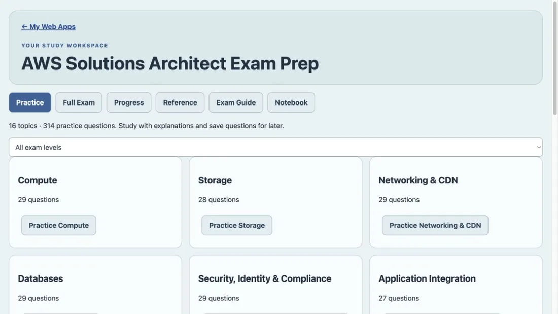AWS Solutions Architect Exam Prep purchased Web App workspace