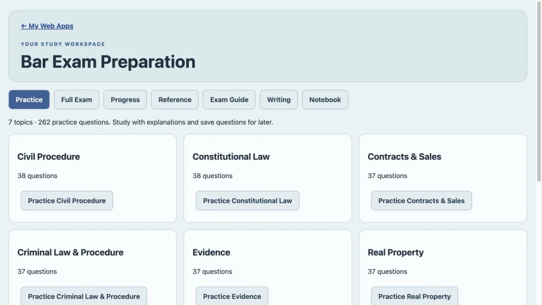 Bar Exam Preparation purchased Web App workspace