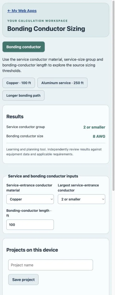 Bonding Conductor Sizing purchased Web App workspace