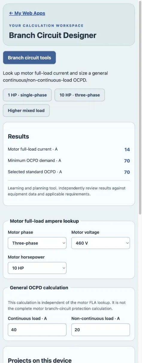 Branch Circuit Designer purchased Web App workspace