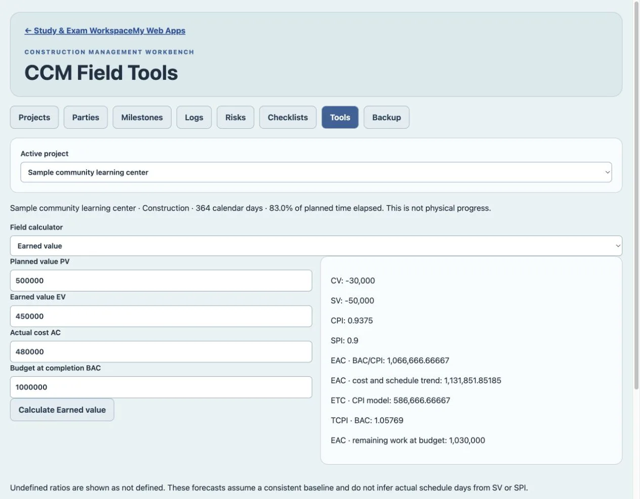 CCM Construction Management Study & Field Tools purchased Web App workspace
