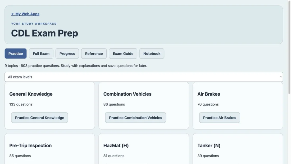 CDL Exam Prep purchased Web App workspace