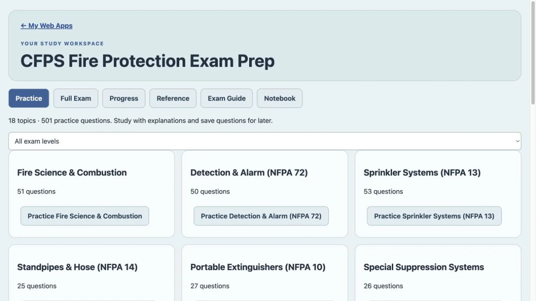 CFPS Fire Protection Exam Prep purchased Web App workspace