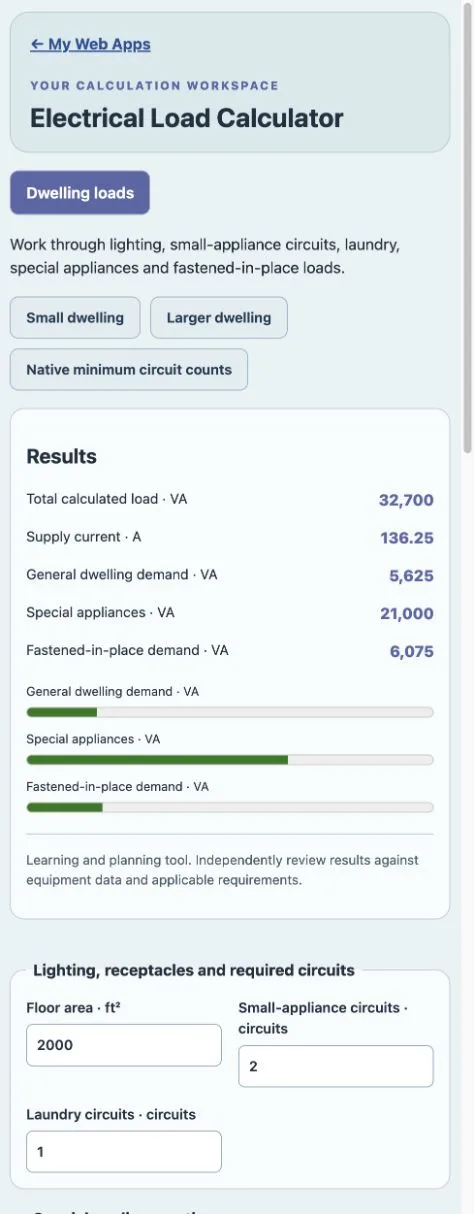 Electrical Load Calculator purchased Web App workspace