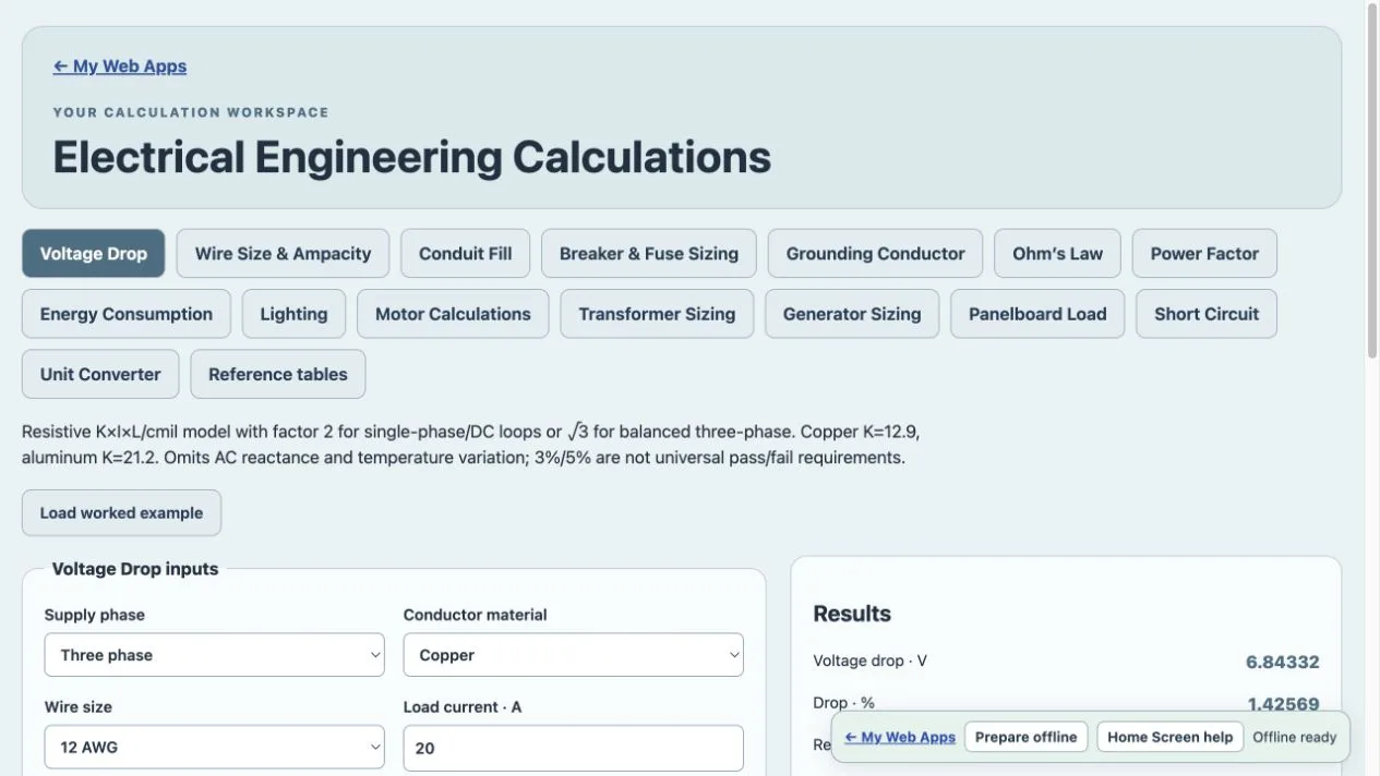 Electrical Engineering Calculations purchased Web App workspace