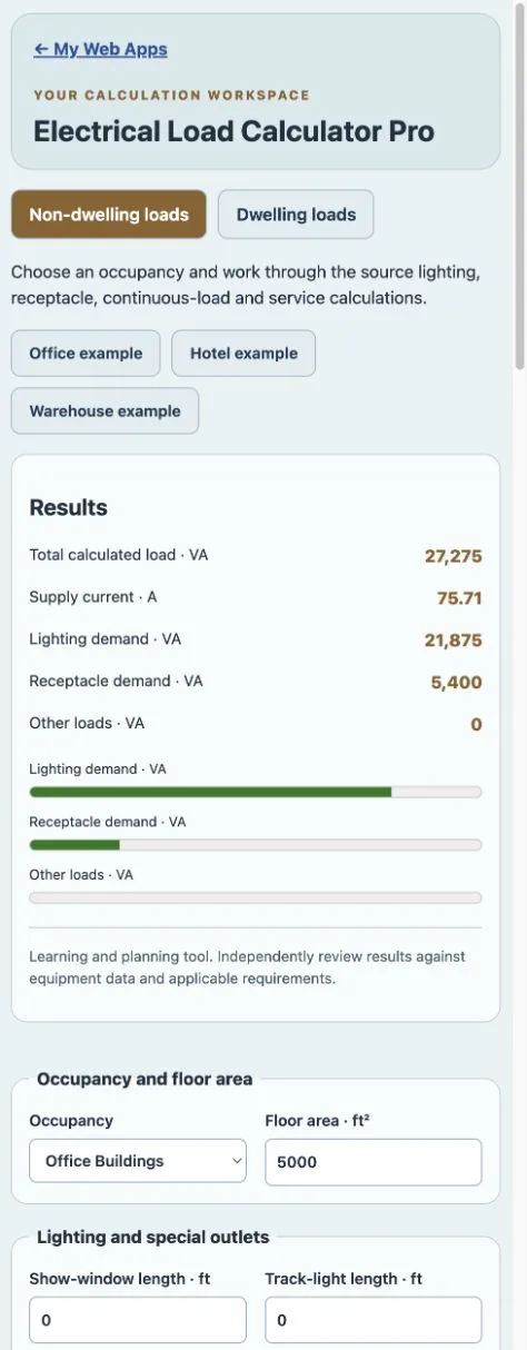 Electrical Load Calculator Pro purchased Web App workspace