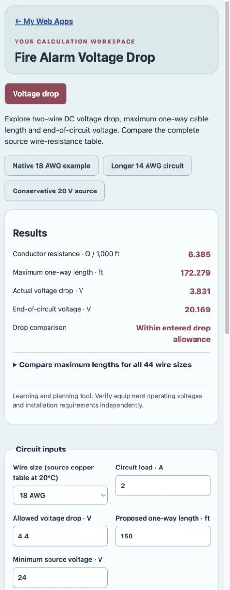 Fire Alarm Voltage Drop purchased Web App workspace