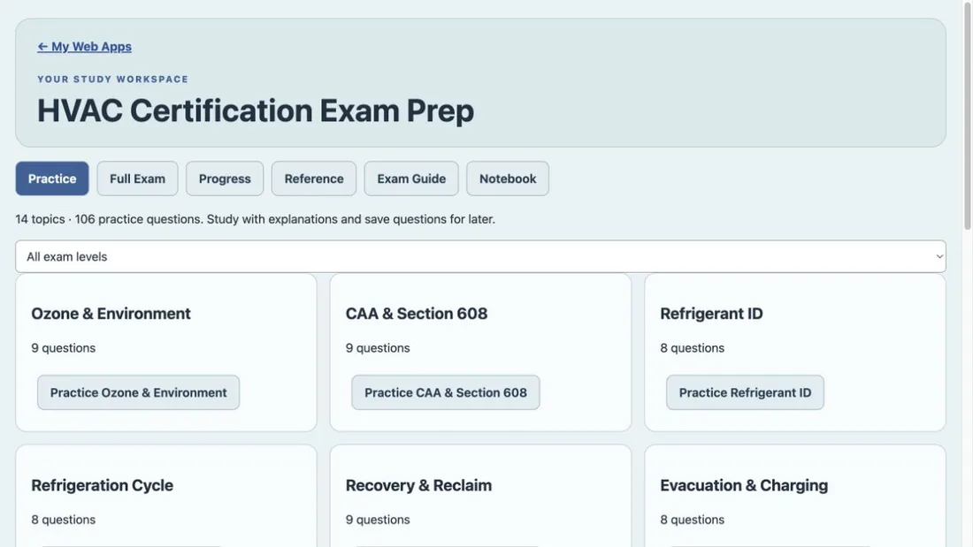 HVAC Certification Exam Prep purchased Web App workspace