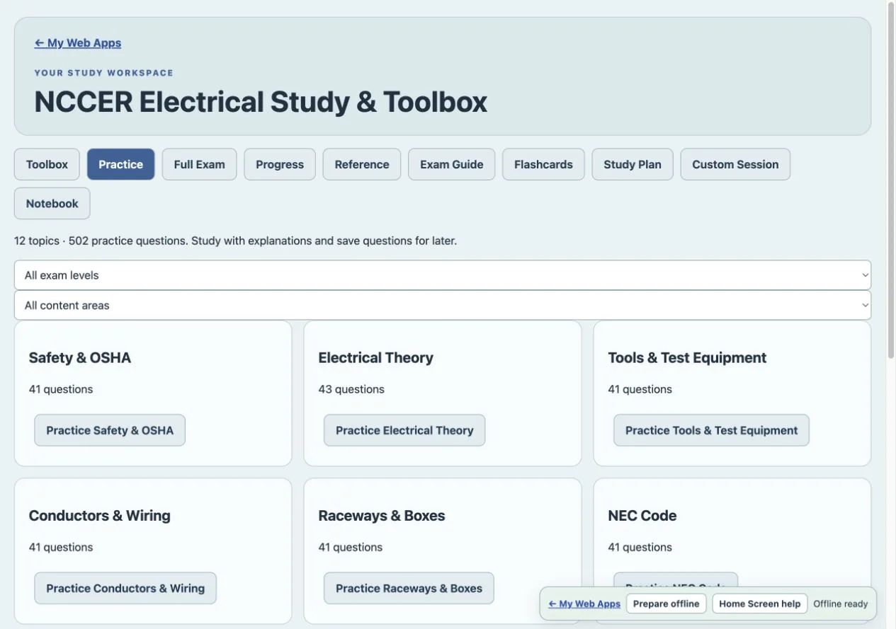 NCCER Electrical Study & Toolbox purchased Web App workspace