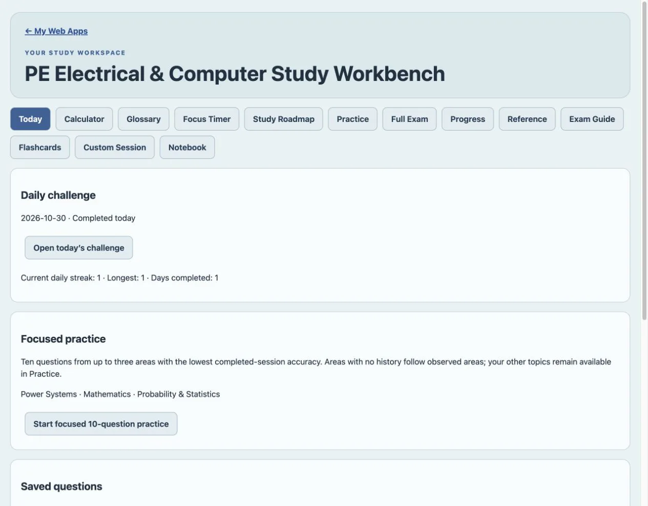 PE Electrical & Computer Study Workbench purchased Web App workspace