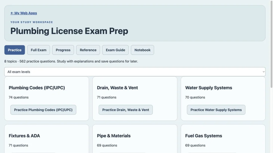 Plumbing License Exam Prep purchased Web App workspace