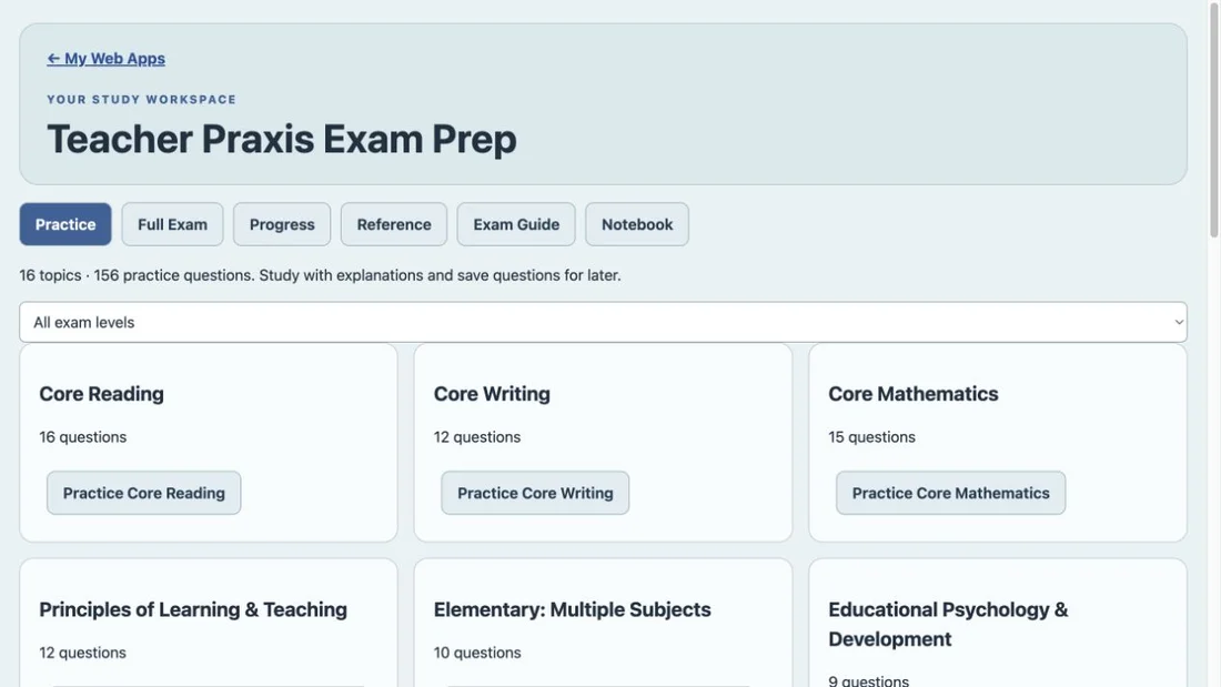 Teacher Praxis Exam Prep purchased Web App workspace